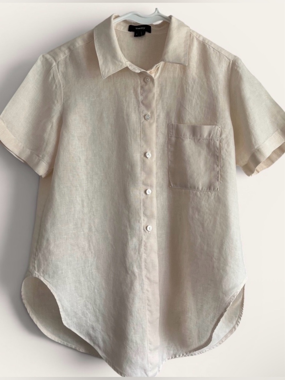 Theory 100% Linen Button Front Shirt Ivory Petite P